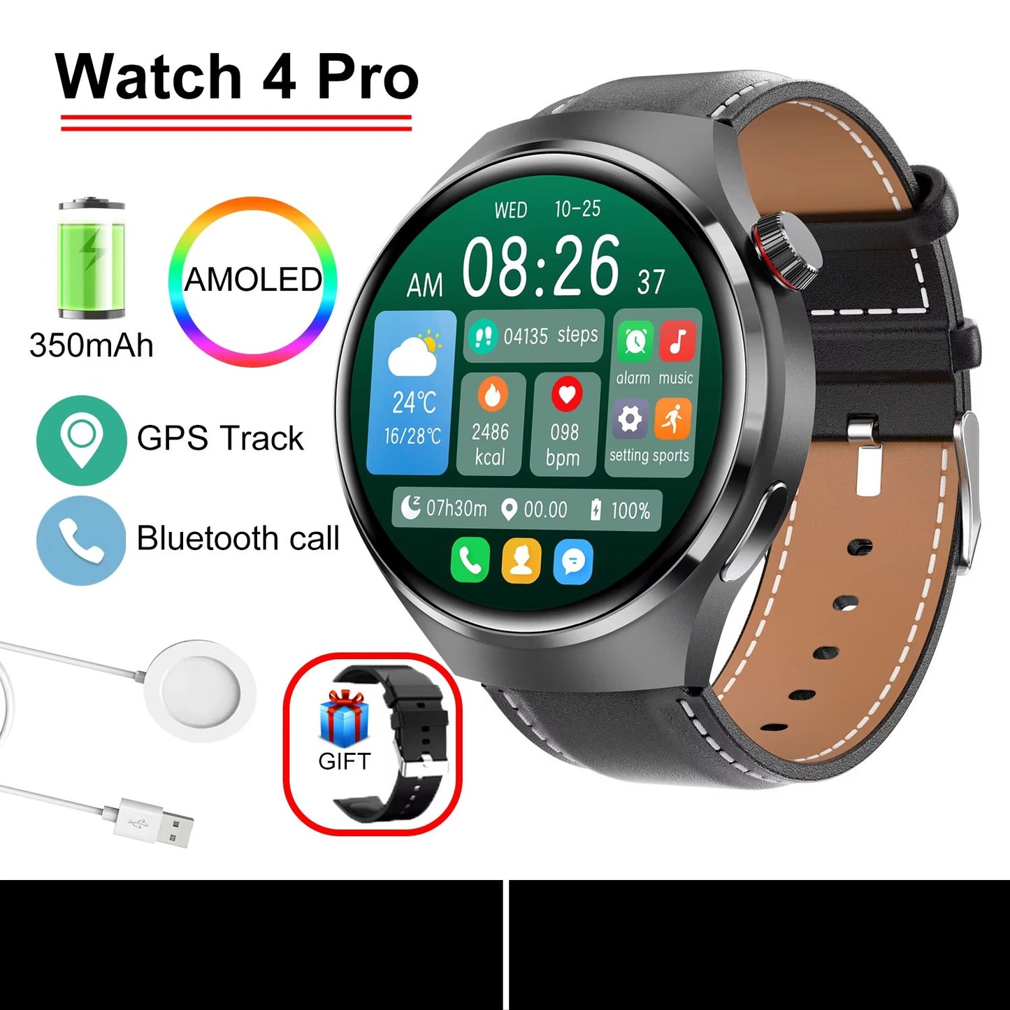 Smartwatch Masculino GT4 Pro 2026: Monitor de Saúde, à Prova D'água, Chamada BT, Tela AMOLED 360*360, Rastreamento GPS, Bússola, Novo Modelo Militar