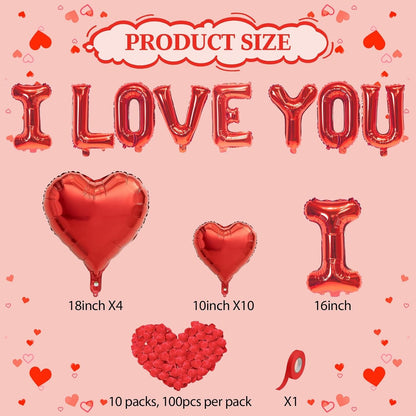 I Love You/Red Heart Love Foil Balloon 1000Pcs Rose Petals for Wedding Anniversary Valentine Day Romantic Special Night Party