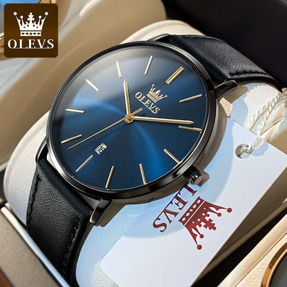 OLEVS 5869 Watch Man Casual Fashion Original Quartz Watch Waterproof Luminous Leather Strap Watches For Men Thin Watch Dial