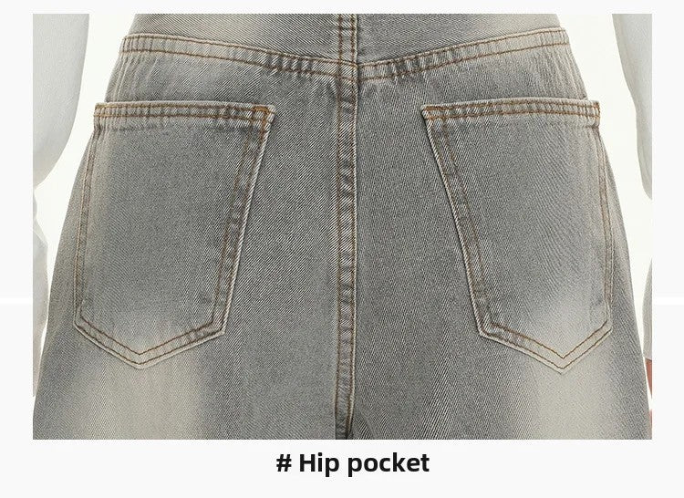 Gray American High Street Wide Leg Jeans Women Loose Drapey Slim Straight Floor-Length Pants High Waist Button Decoration