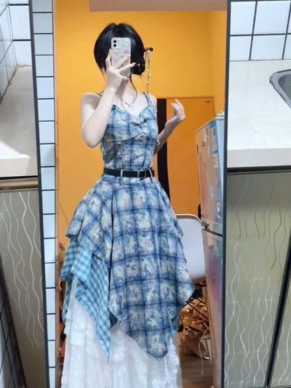 Watercolor Gingham Slip Dress Women 2025 Summer Sweetheart Aesthetic Asymmetric Tie Waist A Line Dreamcore Romance