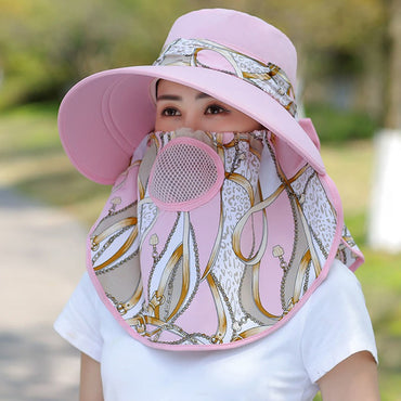 Verão Mulheres Exterior Estampa Chapéu Pescador Proteção UV Aba Larga Chapéu Jardim Trabalho Sombra Respirável Máscara Facial Destacável Quepe