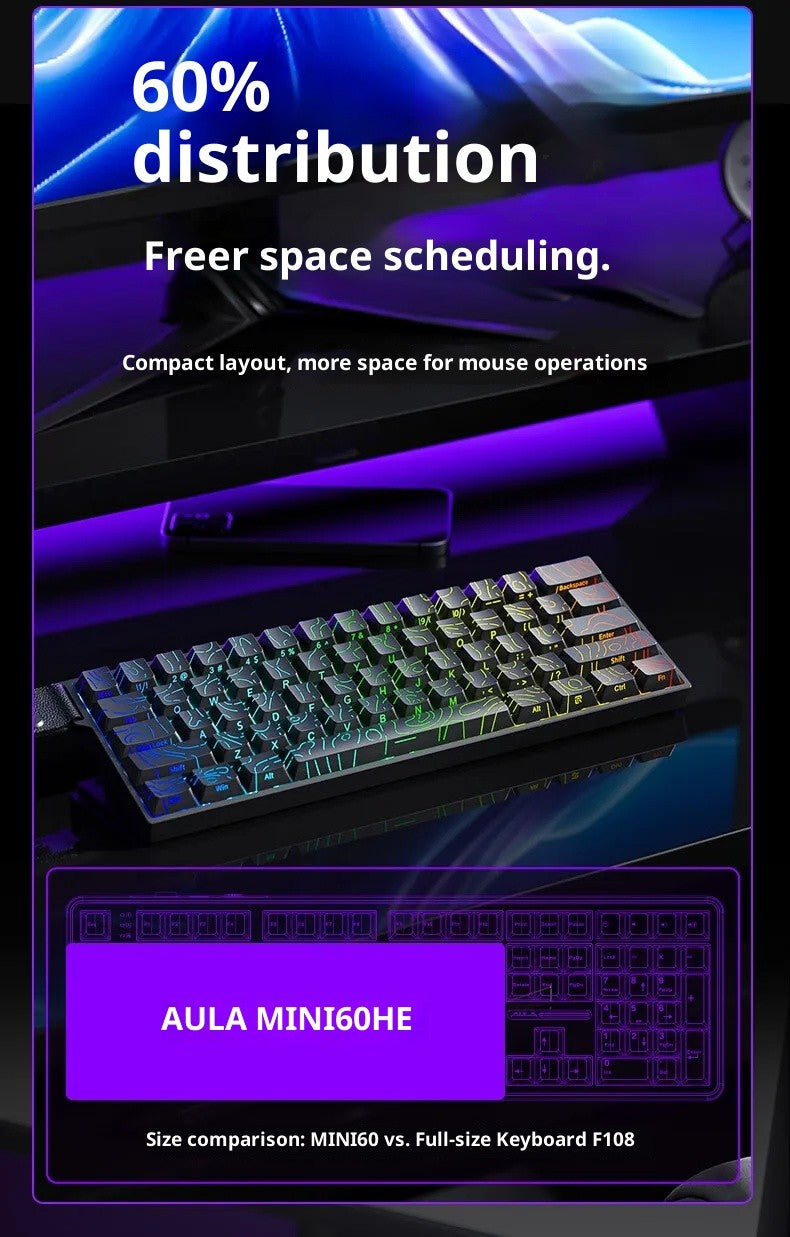 Teclado Magnético AULA MINI 60HE Pro Series Três Modos para Jogos E-sports RGB RT0.01mm Taxa de Varredura 8K Bateria de 4000mAh