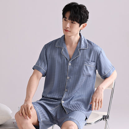 Ice Silk Pajamas Men's Spring and Summer Light and Breathable Simulation Silk Satin Short-sleeved Shorts Youth Simple Loungewear