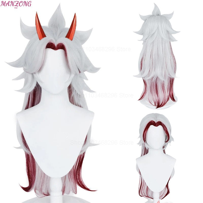 High Quality Game Impact Arataki Itto Cosplay Wig Heat Resistant Synthetic Hair Anime Wigs + Red Horn Prop Accessories