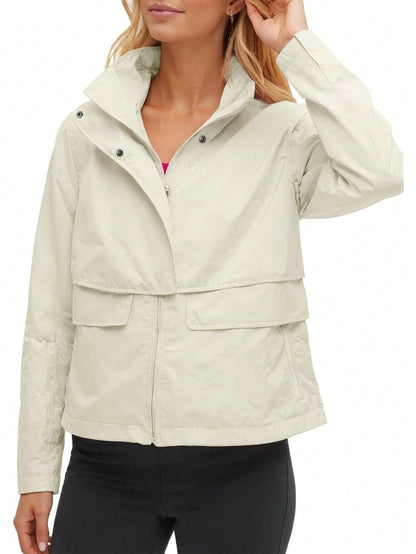 Fisoew Womens Cropped Jacket Zip Up Lightweight Hooded Trench Coat Active Outdoor Windbreaker Raincoat with Pockets