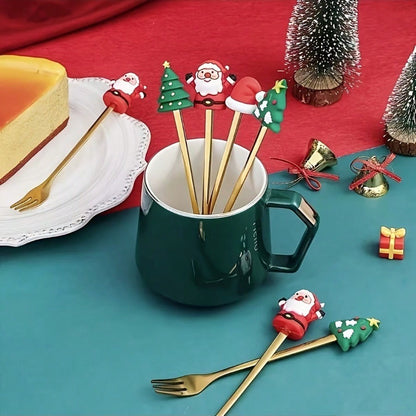 Christmas Cutlery Set Elk Dessert Scoop Fruit Fork Coffee Spoon Stainless Steel Dessert Fork 4/6PCS Christmas Spoons Fork Set