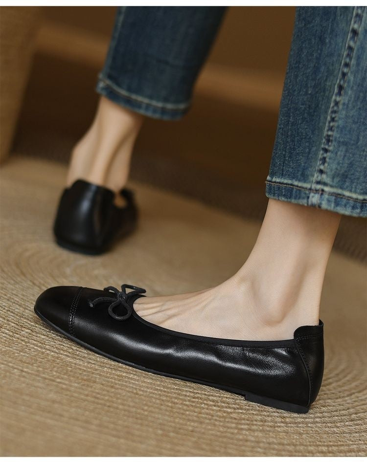 Mary Jane Women Loafers Hand Stitch Casual Streetwear Ballet Flats Soft Sole Solid Color Women Shoes Comfy Round Head Bow Shoes