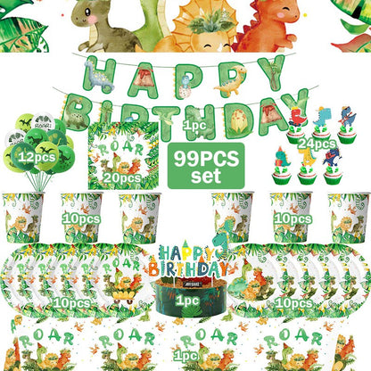 Happy Dinosaur Birthday Decoration Party Supplies Set Cup Plate Dinosaur Balloons Stickers Banner Gift Bags for Kids Boy Favors