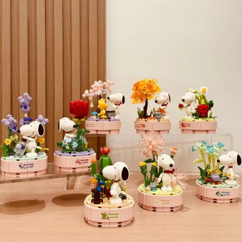 Quebra-cabeça de blocos de montar da série Original Snoopy Assemble Genuine Authorized Blind Box Supermarket Garden Furniture Scene para decoração de mesa