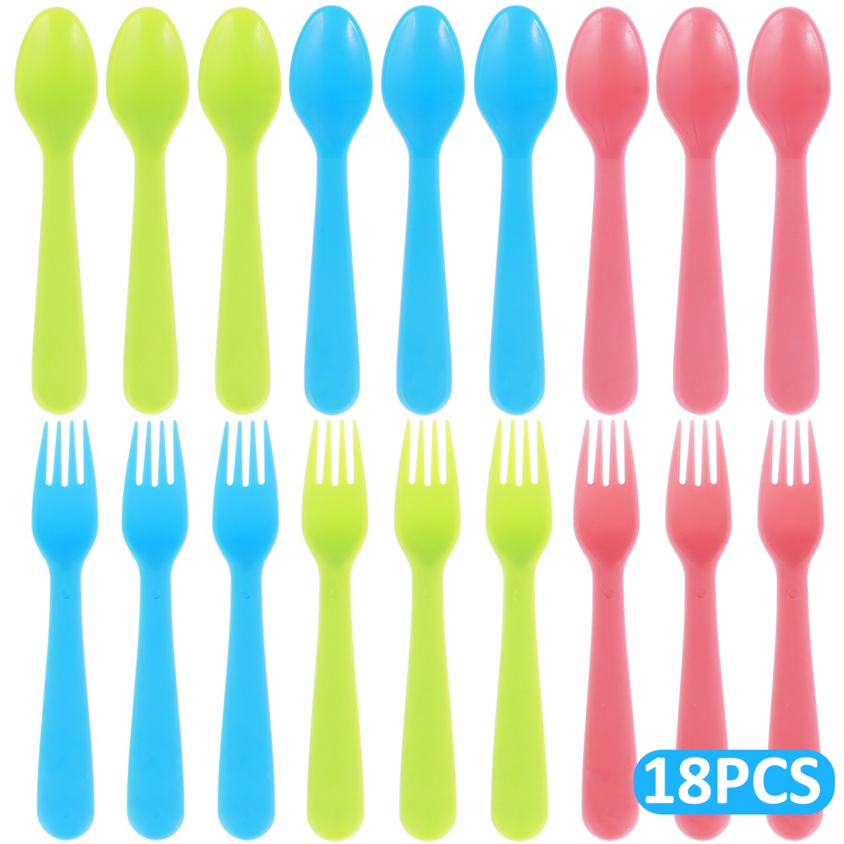 Conjunto de 18 Garfos e Colheres Infantis de PP de Grau Alimentício, Talheres Coloridos Reutilizáveis e Portáteis para Crianças