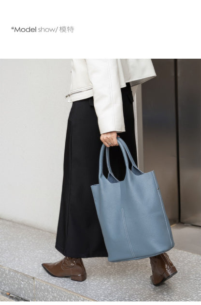 Genuine Grade Leather Women Commuter Tote Bag Ladies Soft Cowhide Tote Shoulder Handbag Large Female Bucket Bag Luxury Designer