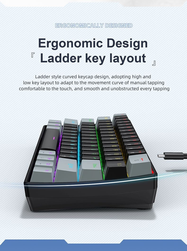 Teclado Mecânico RGB de 61 Teclas com Fio K61 Mini Teclado Portátil 60% Preto, Branco, Switches Vermelho/Azul para Jogos/Trabalho