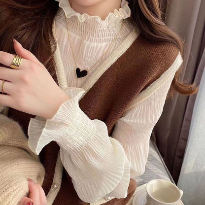 Chiffon Blouse Women Auricular Edge Fairy Gas 2023 New Korean Version Loose Foreign Style Court Bottom Coat