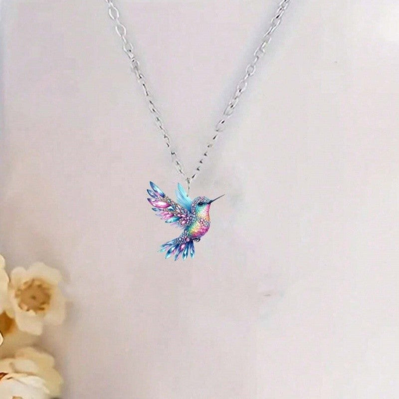 1 set of elegant and stylish acrylic colorful honey-sucking bird necklace earrings set with multi-color wing design, suitable fo