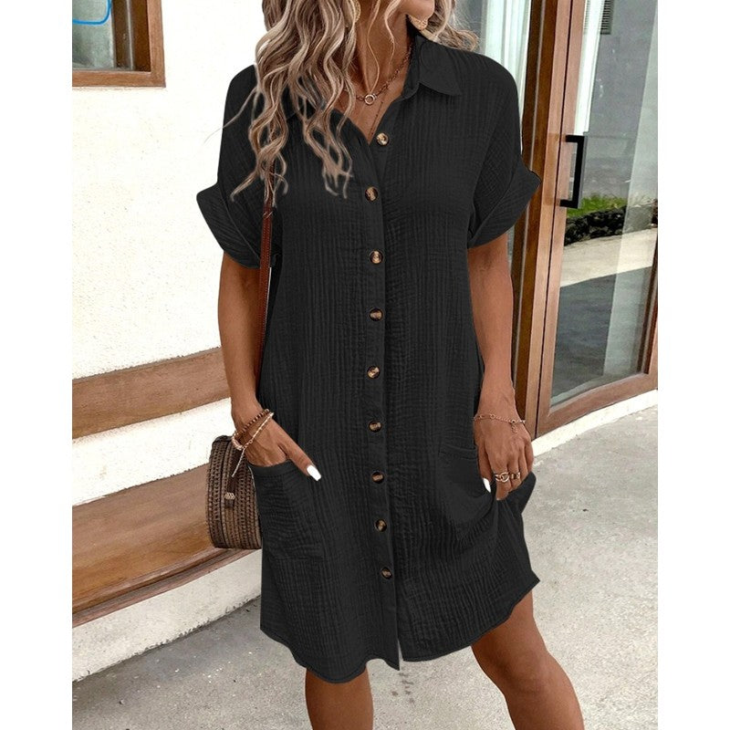 Fashion Women Summer Short Sleeve Shirt Dress Elegant Loose Simple Pockets Offic