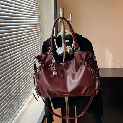 Luxury Glossy Crossbody Bag with Star Charm and Lock Pendant PU Shoulder Bag Spacious Water Resistant Zip Tote for Commute