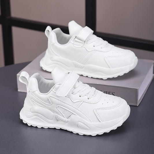 White Children's Leather Casual Shoes Boys Girls Outdoor Sports Running Sneakers Breathable Kids School Walking Non-Slip Tennis