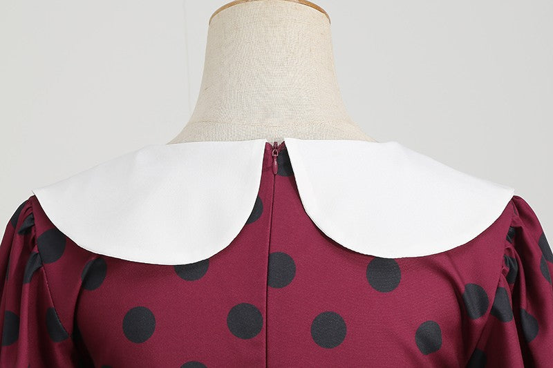 Elegant Women Summer Dress Puff Short Sleeve Polka Dot Peter pan Collar Vintage A-line Midi Long Party Sundress