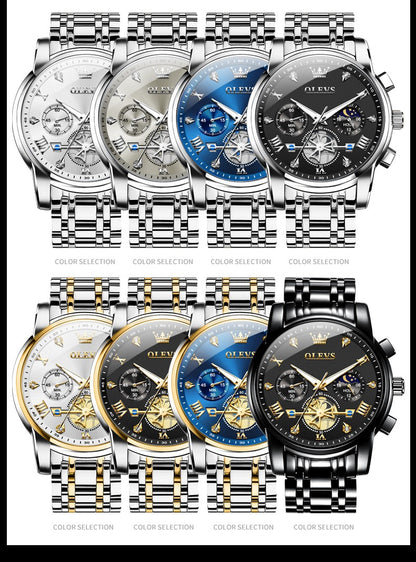 OLEVS Men's Watches Classic Multifunctional Fltwheel Chronograph Original Quartz Wristwatch Moon Phase 24 Hour Waterproof reloj