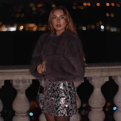 Faux fur jacket Traf   Fall/Winter New Fashion Women's Faux Fur Effect Round Neck Long Sleeve Short Jacket 2025