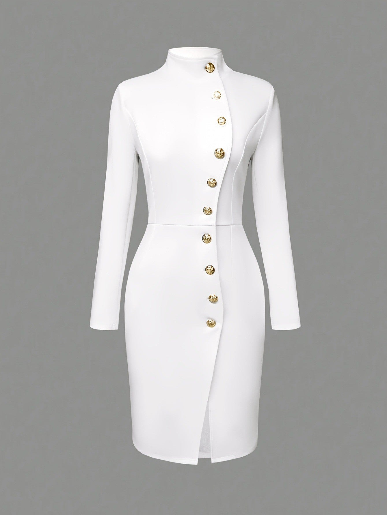 Elegant Commuter Dresses For Women Autumn Fashion White Black Stand-up Collar Slim Metal Buckle Long Sleeve Split Casual Dress