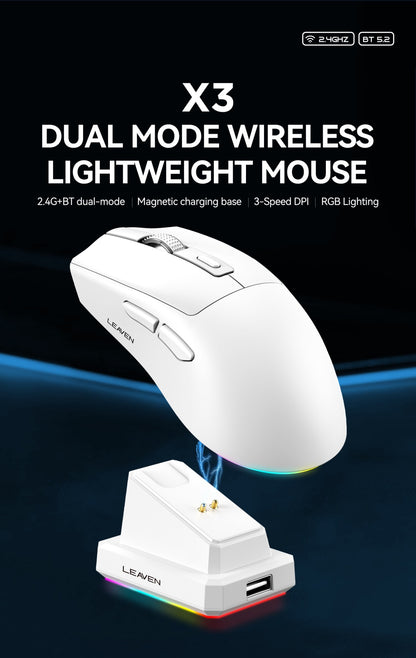 Dual-Mode Wireless Mouse | Magnetic Charging Dock | RGB Backlit | 3-Speed DPI (800-1200-1600) | 2.4G/BT | Suitable for daily use
