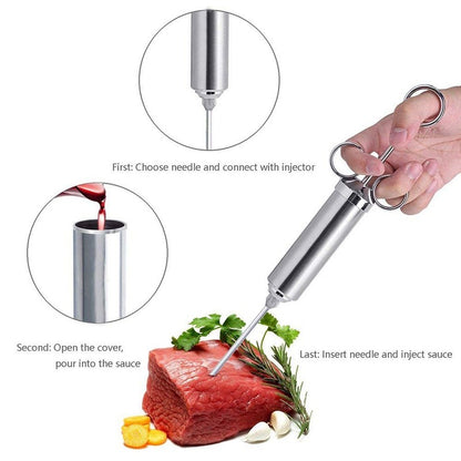 Seringa Injetora de Carne, Injetor de Tempero de 60ml de Aço Inoxidável 304 com 3 Agulhas Profissionais, 2 Escovas de Limpeza