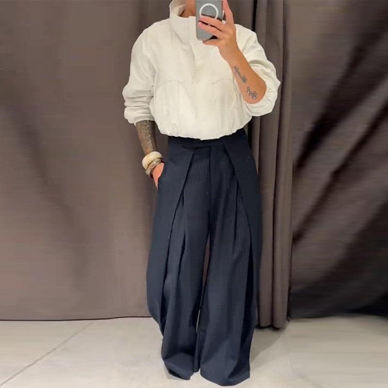 Casual Striped Loose Pants Women High Waist Pleated Straight Long Wide Leg Trousers Female 2025 Fashion Autumn Lady Bottoms