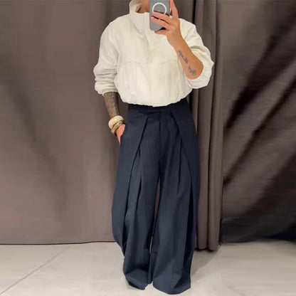 Casual Striped Loose Pants Women High Waist Pleated Straight Long Wide Leg Trousers Female 2025 Fashion Autumn Lady Bottoms
