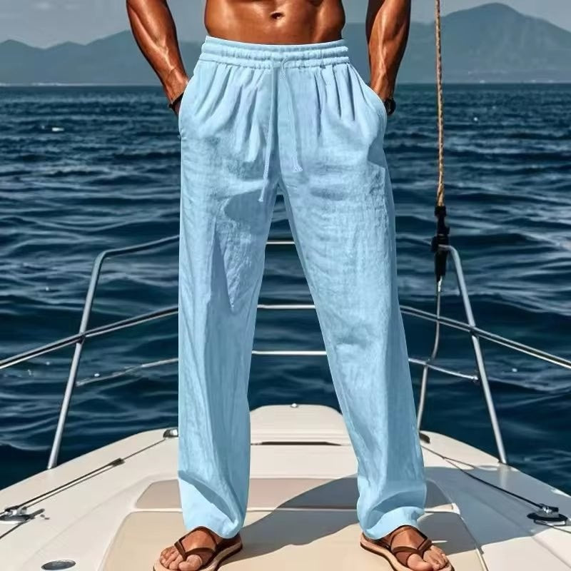 2024 Primavera/Verão Novas Calças Masculinas de Algodão e Linho Moda Verão Casual Cor Sólida Solta Plus Size M-4XL