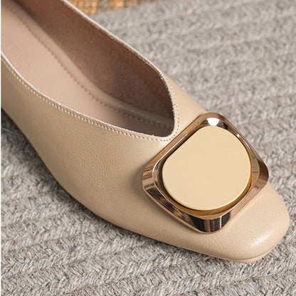 Woman Summer Casual Square Toe Cute Metal Mary Janes Buckle Ballerina Flats Female Bling Elegant Low Heeled Soft Soled Shoes
