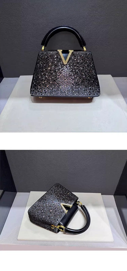 Luxury Brand Leather Diamond Handbag Rhinestone Shoulder Cross-body Tote Bags for Women Bolso Marca Lujo