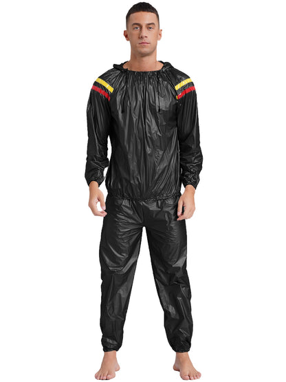 Mens Pullover Style PVC Sweating Suit for Boxing Gym Workout Fitness Sauna Sweat Outfit Hooded Jacket Outerwear And Long Pants
