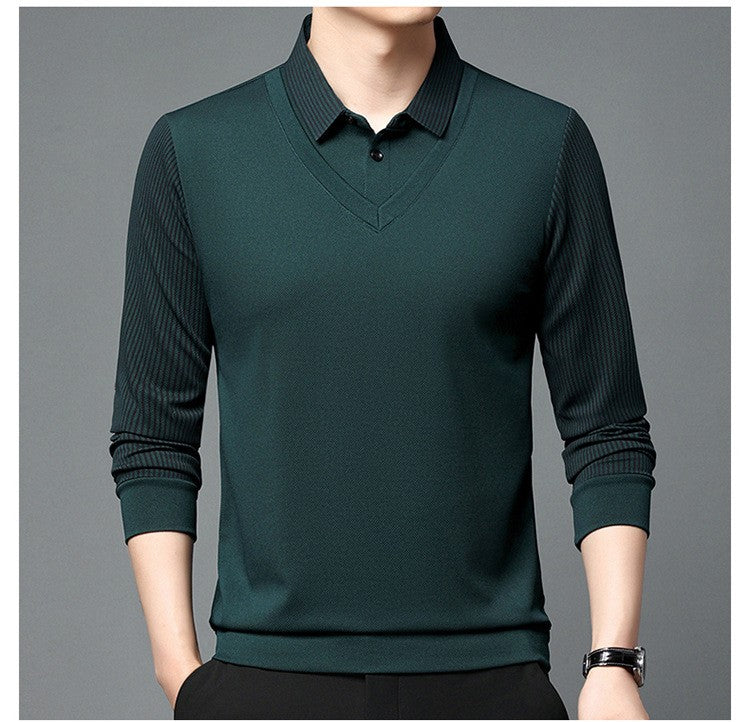 Fashion Fake Two-piece Men Long Sleeve Shirt Stripe Splice Lapel Loose Casual Pullover Tops 2025 Male Formal Business Polo Shirt