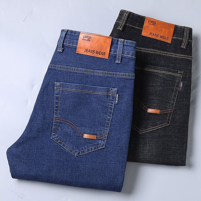 Calça Jeans Masculina Primavera Outono Negócios Casual Confortável Reta Denim Elástica Moda Clássica Macia Premium Azul Preto
