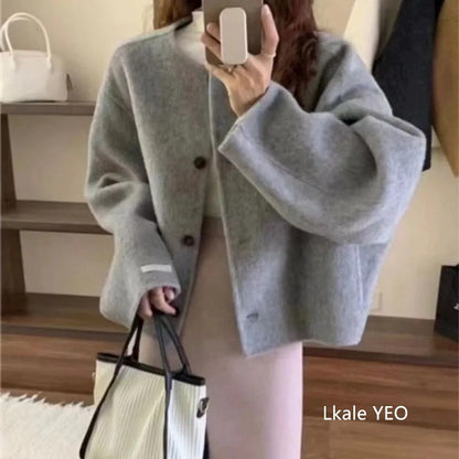 Women's Double-sided Woolen Coat 2025 Autumn Winter Fashion Elegant Femme Jacket Versatile Loose Ladies Jacket Woolen Outerwear