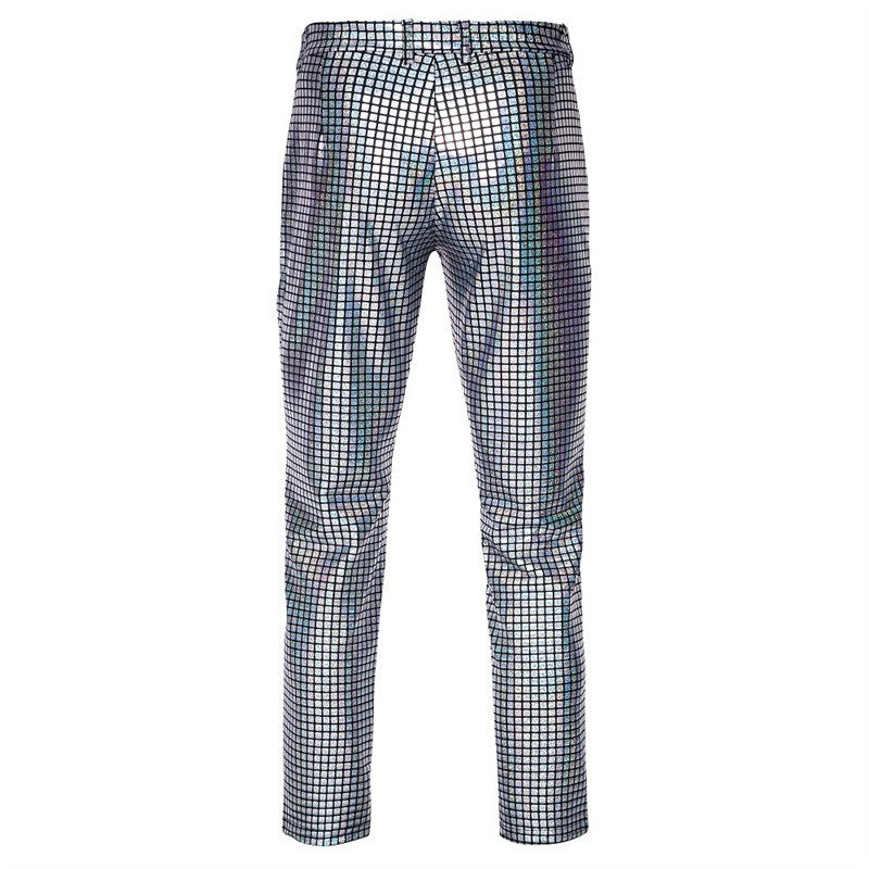 Novas Calças Masculinas Luxuosas de Terno Xadrez com Lantejoulas Moda Masculina Festa de Dança Bar KTV Casual Calças Pequenas Elásticas