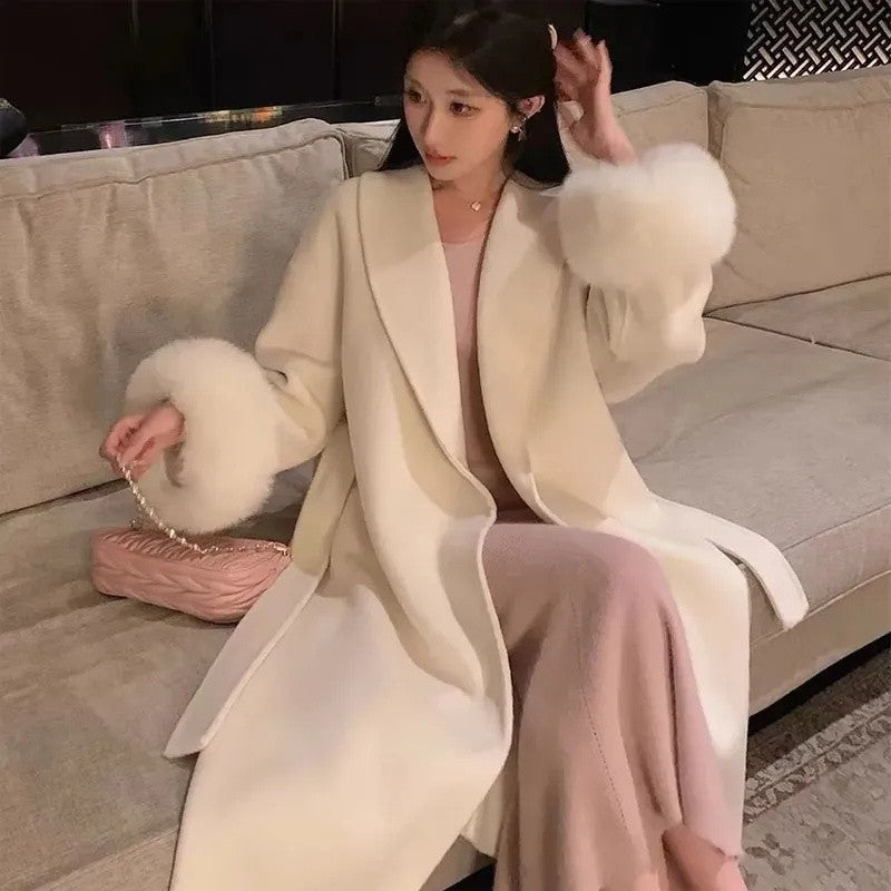 Korean Style Temperament Fur Collar Fashion Women's Coat Medium To Long Simple Casual Woolen Coat Slimming Versatile Woolen Coat