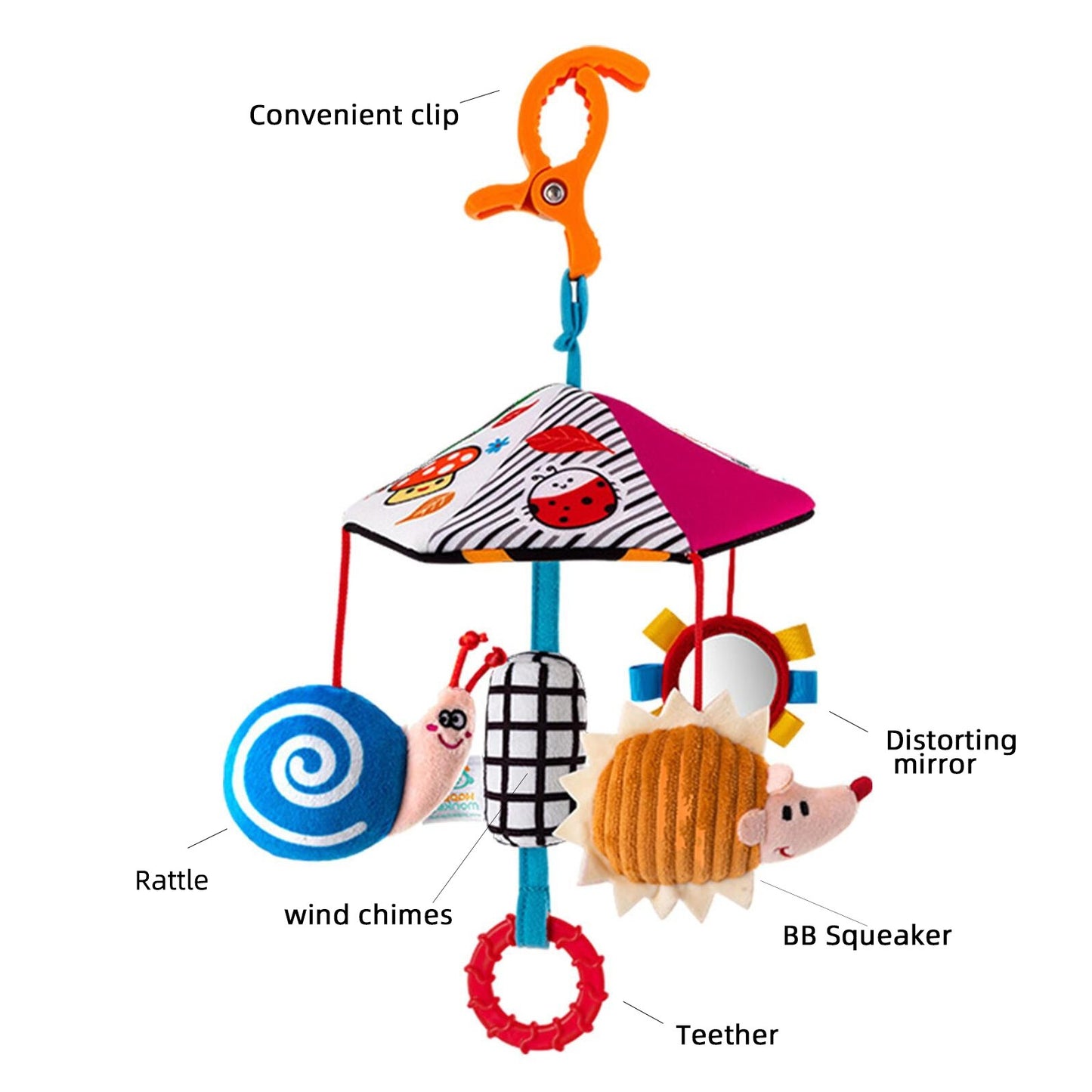 Baby Color Plush Umbrella Wind Chime Baby Bed Bell Visual Inspiration Baby stroller pendant Wind Chime Comfort Toy