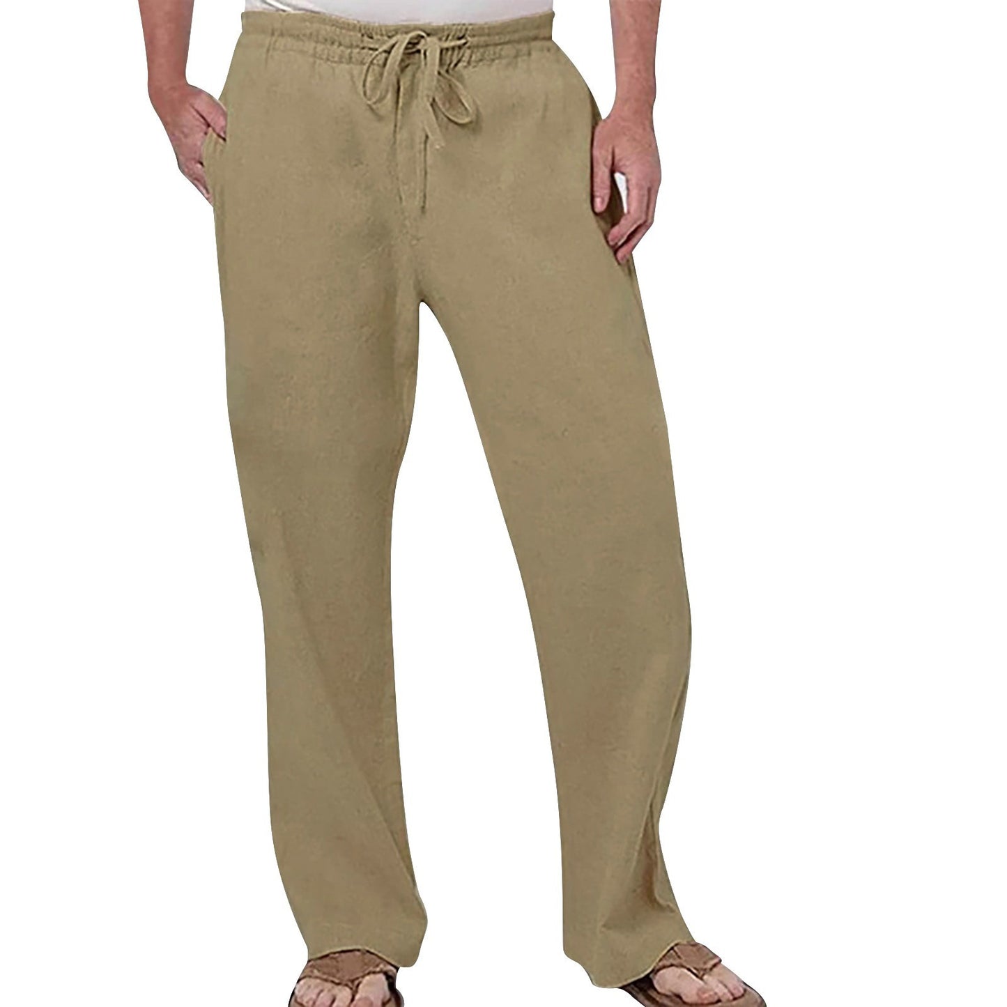 Mens Fashion Casual Pants Solid Color Breathable Cotton Linen Elastic Waist Straight Pants With Pockets Large Size White Pants