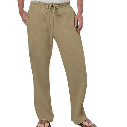 Mens Fashion Casual Pants Solid Color Breathable Cotton Linen Elastic Waist Straight Pants With Pockets Large Size White Pants