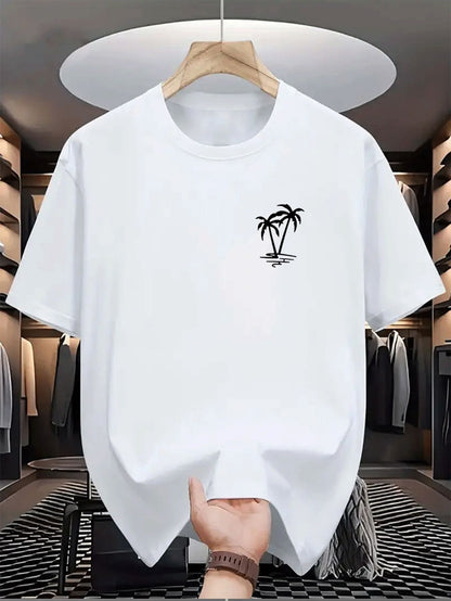 Men's summer 100% cotton fashionable casual loose coconut tree pattern printed sports round neck short sleeved T-shirt top