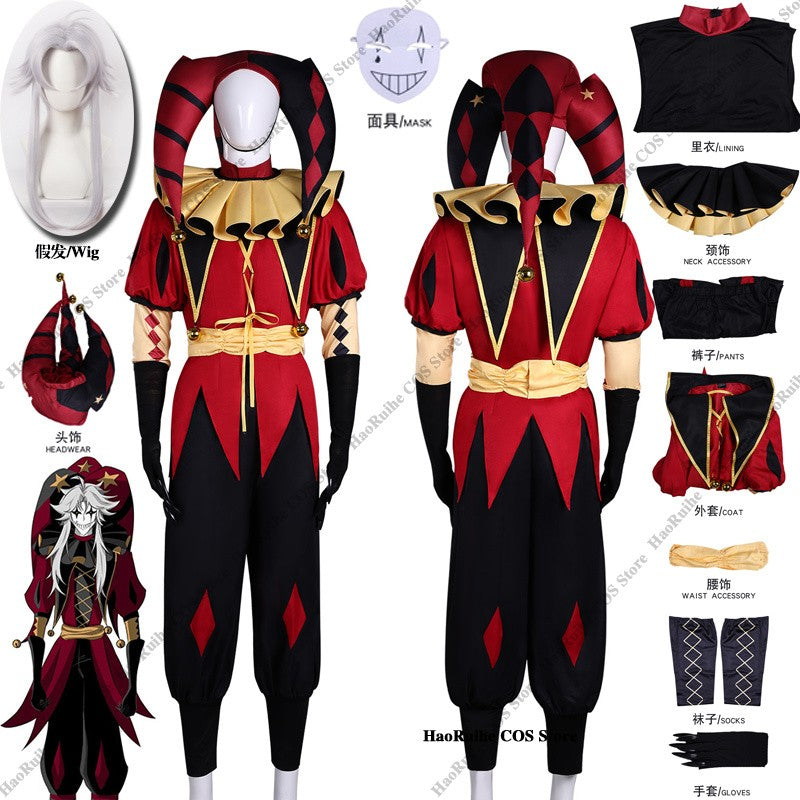 In Stock The Freak Circus Pierrot Clown Full Set Cosplay Costume Wigs Halloween Horror Roleplay Clothing Clothes Unisex Mask Hat