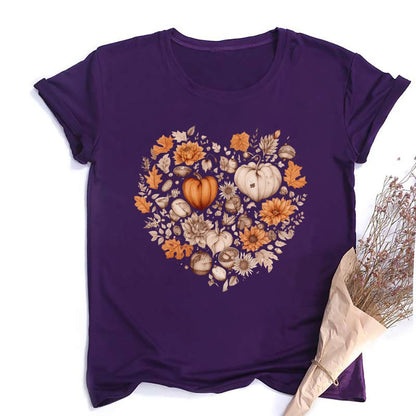Fall Heart Women's Fall Shirt Pumpkin Season Short Sleeves Thanksgiving Halloween Party Shirts Fashion Women T-shirt Clothes