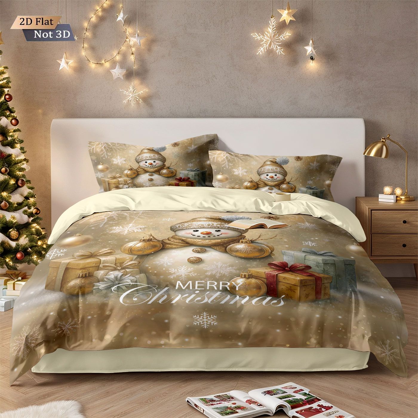 3pcs Golden Christmas Snowman Printed Chipless Bedding Set Soft Dormitory Bedroom Multiple Sizes Machine Washable
