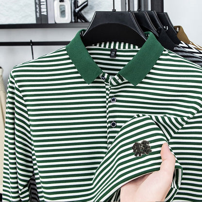 Men's Long Sleeved T-shirt, Youth Lapel T-shirt, Autumn Clothes Striped Polo Shirt Double-sided German Velvet 2025 New Trend Top