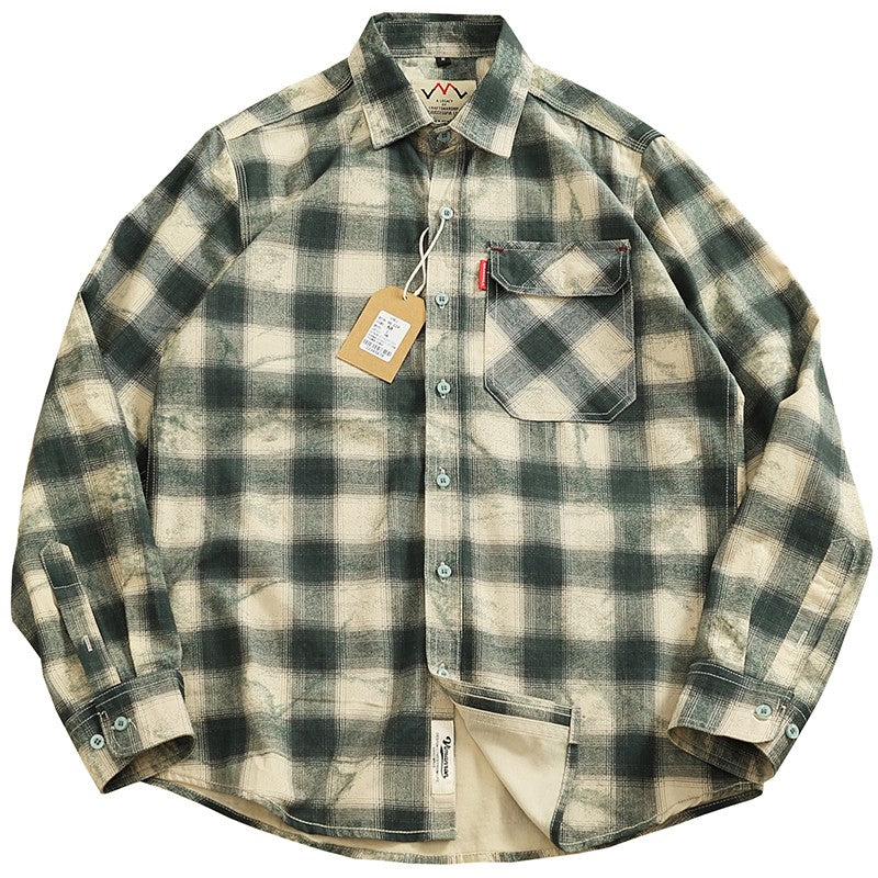 Autumn New Japanese Retro Long-Sleeve Lapel Plaid Cargo Shirt Men's Simple 100% Cotton Washed Pocket Casual Blouses Thin Coat