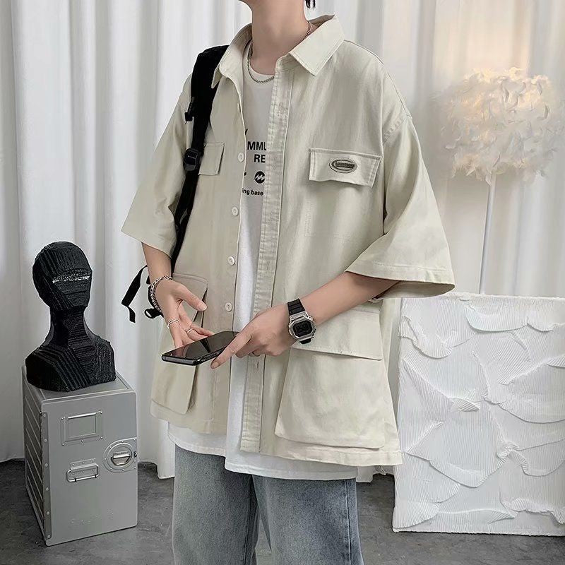 Shirts For Men With Pocket Cargo Man Shirt Loose Korean Style Casual Asia Cool Hipster Original Half Sleeve Fashion Collar I Xxl