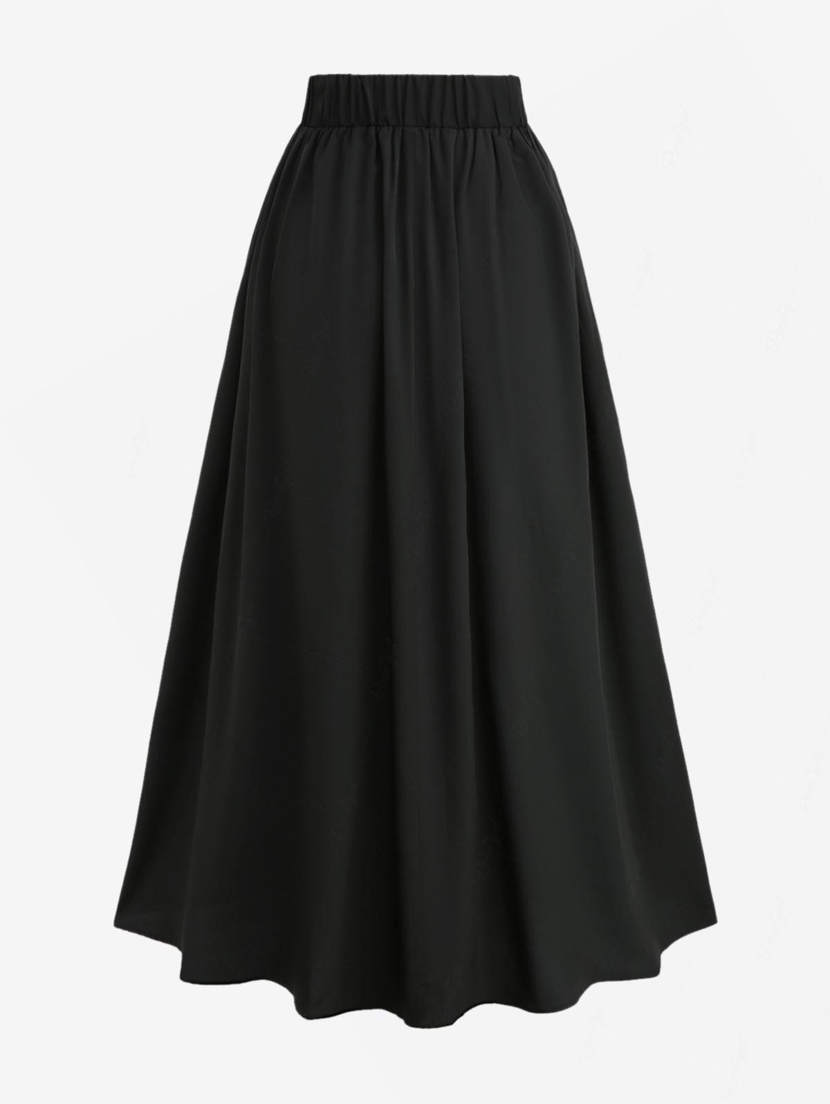 ROSEGAL Plus Size Women's Vintage Stretch High Waist Flared Midi Skirts with Pockets Black Casual Mock Buttons Layered Skirt 5XL